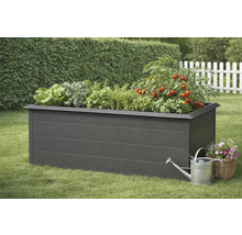 Jardinière surélevée avec salade, herbes aromatiques et plants de tomates, arrosoir et panier de fleurs sur une pelouse