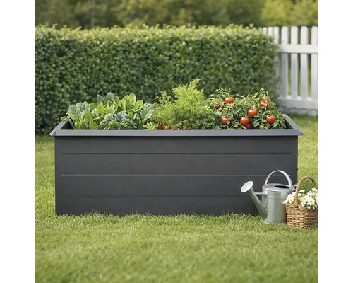 Jardinière surélevée avec légumes, arrosoir et panier de fleurs dans le jardin.