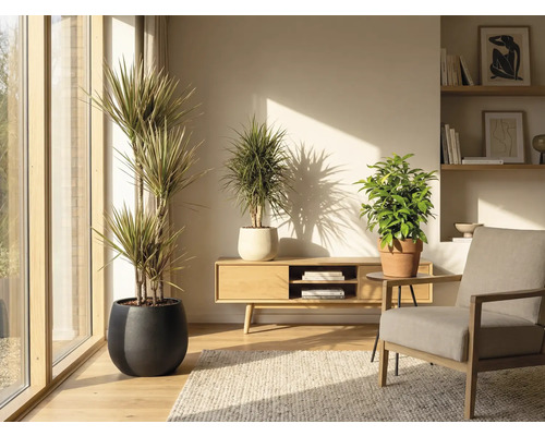 Wohnzimmer mit Zimmerpflanzen in Töpfen, Holzmöbeln und Teppich