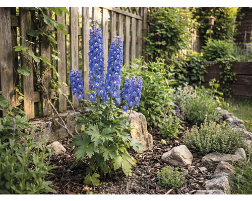 Gartenanlage mit Rittersporn vor Holzzaun