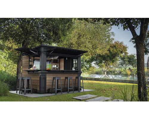 Jardin avec bar extérieur et tabourets de bar sous les arbres