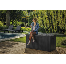 Scène de jardin avec une femme assise sur un coffre de jardin en plastique gris à côté d'une piscine.