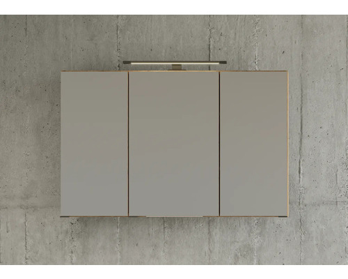 Armoire de toilette à trois portes pour salle de bains avec éclairage LED intégré devant un mur aspect béton.