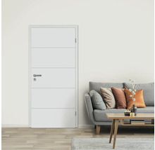 Porte intérieure blanche avec rainures horizontales dans un salon