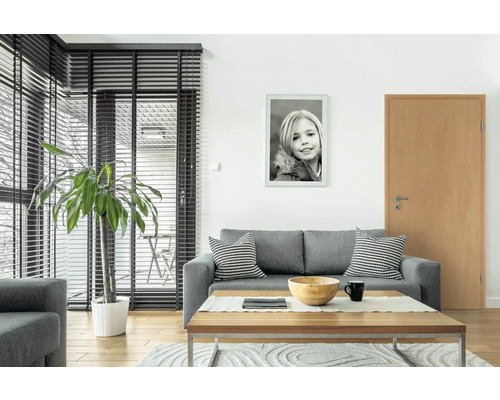 Wohnzimmer mit Sofa, Tisch, Zimmerpflanze und Bild