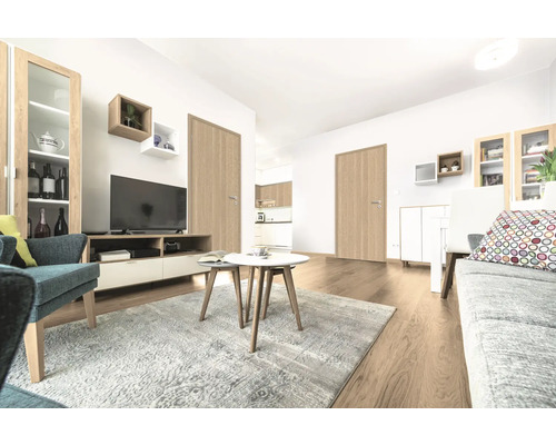 Helles Wohnzimmer mit Tür, Fernseher, Sofa und Teppich