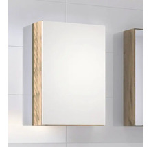 Armoire de toilette à une porte pour salle de bains avec corps aspect bois et façade miroir.