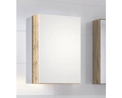 Armoire de toilette à une porte pour salle de bains avec corps aspect bois et façade miroir.