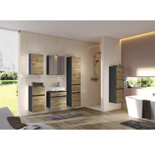 Ensemble de meubles de salle de bain moderne en aspect chêne avec accents anthracite. Comprend meuble sous-vasque, armoire de toilette et colonnes.