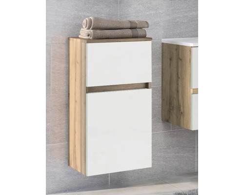 Meuble latéral de salle de bains suspendu, aspect chêne avec deux façades blanches et ouverture sans poignée.