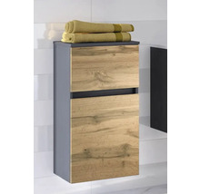 Meuble latéral de salle de bains mural avec corps anthracite et façades en décor chêne, design sans poignée.