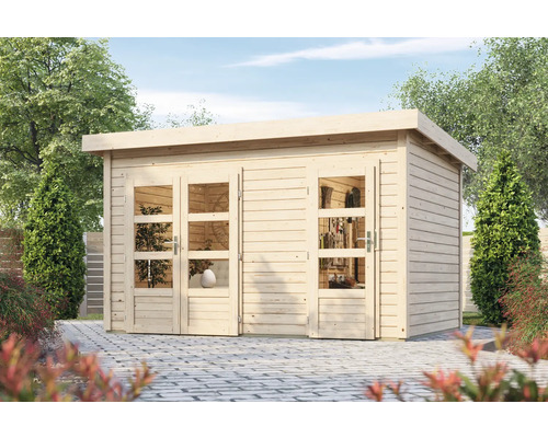 Abri de jardin en bois avec double porte et fenêtres dans le jardin