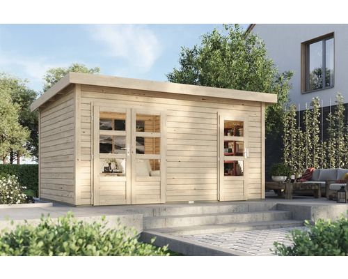 Gartenhaus Karibu Krähenau 2 inkl. Geräteraum 456 x 303 cm natur Holzgartenhaus mit Doppeltür und Fenstern im Garten