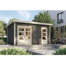 Modernes Gartenhaus mit Fenstertüren und Holzverkleidung im Aussenbereich.