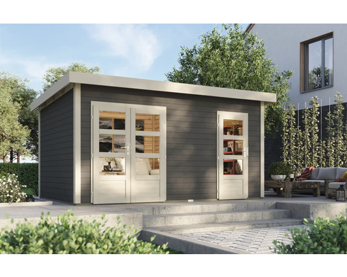 Modernes Gartenhaus mit Fenstertüren und Holzverkleidung im Aussenbereich.