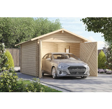 Garage en bois avec portes à deux battants ouvertes et voiture garée