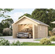 Garage en bois avec portes ouvertes et une voiture à l'intérieur