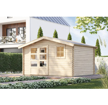 Abri de jardin en bois avec fenêtres et double porte dans le jardin