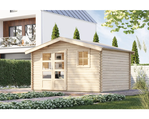 Abri de jardin Kasaan 5 avec plancher 407 x 320 cm naturel Abri de jardin en bois avec fenêtres et double porte dans le jardin