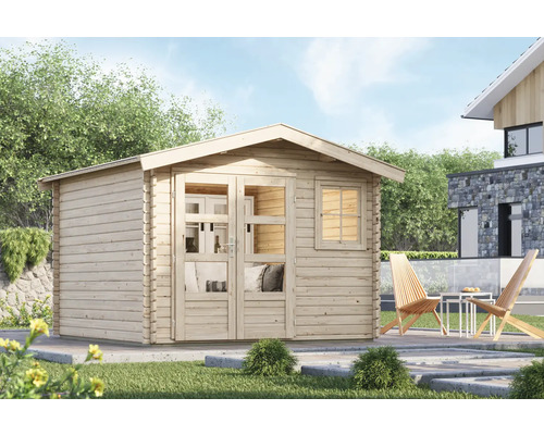 Abri de jardin en bois avec double porte et fenêtre dans le jardin