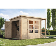 Abri de jardin en bois avec double porte et une porte simple ouverte pour ranger les outils de jardin