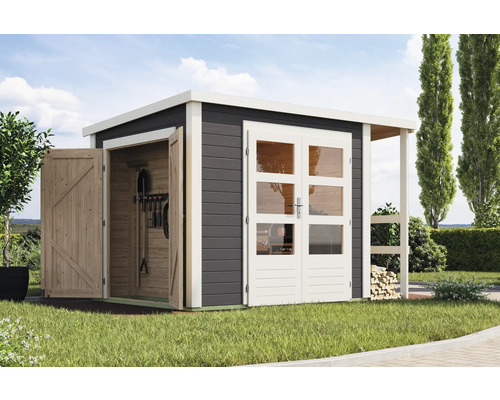 Abri de jardin avec double porte et outils