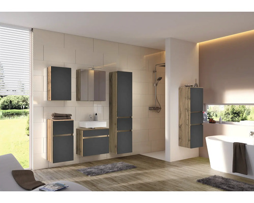 Salle de bains moderne avec meubles anthracite et aspect chêne, comprenant meuble sous-lavabo, armoire de toilette, colonnes, douche et baignoire.