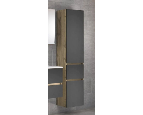 Colonne de salle de bains murale avec corps aspect chêne et trois segments de façade anthracite.