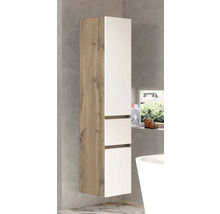 Colonne de salle de bains avec façade blanc mat et corps décor chêne, montage mural.