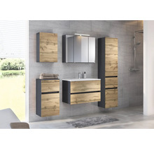 Ensemble de meubles de salle de bain moderne aspect chêne et anthracite avec meuble sous-lavabo, armoire de toilette et colonne de rangement.