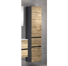 Colonne de salle de bains avec façades aspect chêne et corps anthracite, montage mural devant un mur de carrelage gris.