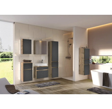 Salle de bains moderne avec meubles anthracite et aspect chêne, comprenant meuble sous-lavabo, armoire de toilette, colonnes, douche et baignoire.