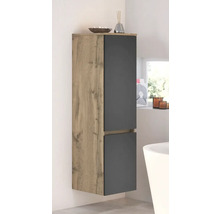 Colonne de salle de bains suspendue en aspect chêne avec deux façades anthracite dans une salle de bains moderne et lumineuse.