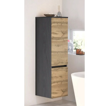 Colonne de salle de bains suspendue avec deux portes aspect chêne et corps anthracite dans une salle de bains lumineuse et moderne.