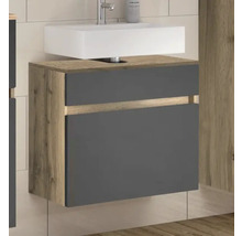 Meuble sous-lavabo suspendu en aspect bois avec façades anthracite et vasque à poser blanche.