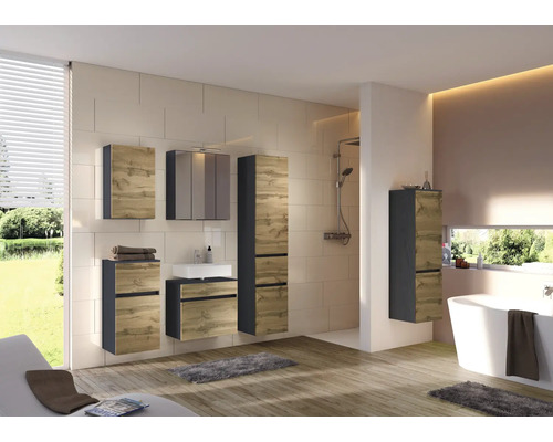 Ensemble de meubles de salle de bain moderne en aspect chêne avec accents anthracite. Comprend meuble sous-vasque, armoire de toilette et colonnes.
