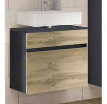 Meuble sous-vasque suspendu de couleur anthracite avec façades aspect chêne et vasque à poser rectangulaire blanche.