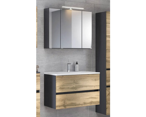Badezimmer-Set mit dreitürigem, beleuchtetem Spiegelschrank und Waschtischunterschrank in Eichen-Optik und Anthrazit mit zwei Schubladen und Becken.