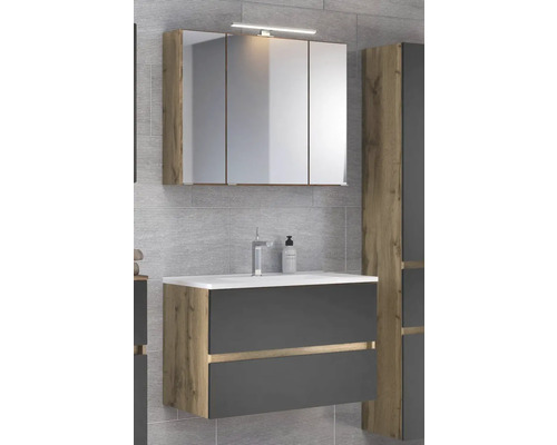 Badezimmer-Set mit Waschtisch, Spiegelschrank mit Beleuchtung und Hochschrank in Anthrazit und Holzoptik.