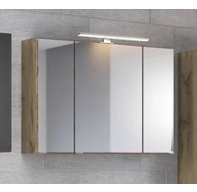 Armoire de toilette à trois portes avec corps en aspect bois et éclairage intégré.