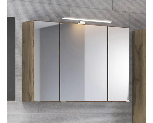 Armoire de toilette à trois portes avec corps en aspect bois et éclairage intégré.