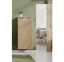 Armoire murale moderne en bois avec façade à lattes dans un espace de vie lumineux et organisé, avec vue sur une pièce voisine.