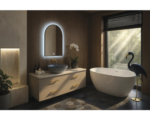 Helles Badezimmer mit Waschtisch, Spiegel mit Beleuchtung und freistehender Badewanne