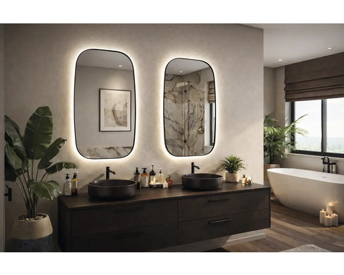 Badezimmer mit Waschtisch, zwei Waschbecken und zwei beleuchteten Spiegeln