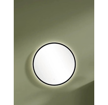 Miroir de salle de bain rond avec cadre noir, rétroéclairage LED et capteur tactile.