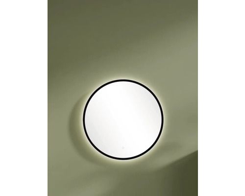 Miroir de salle de bain rond avec cadre noir, rétroéclairage LED et capteur tactile.