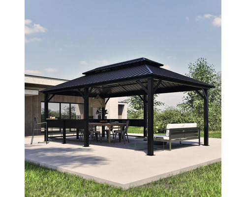 Schwarzer Pavillon mit Esstisch, Stühlen, Bar und Bank im Garten