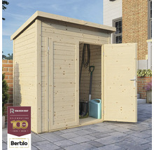 Armoire de jardin en bois avec porte ouverte, outils de jardin en arrière-plan. Logo de Rowlinson Group. Logo de Bertilo.