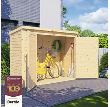 Abri de jardin ouvert en bois avec vélo, tuyau d'arrosage, balai et bêche