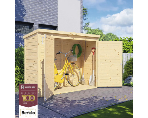 Abri de jardin ouvert en bois avec vélo, tuyau d'arrosage, balai et bêche